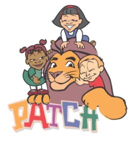 Patch logo with lion and little kids