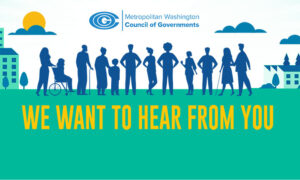 Silhouette of diverse people standing next to houses with the words We Want to Hear From You