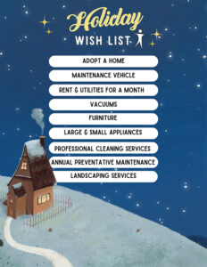 holiday wish list against a snowy sky and a home