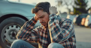 Homelessness - man frustrated sitting on curb